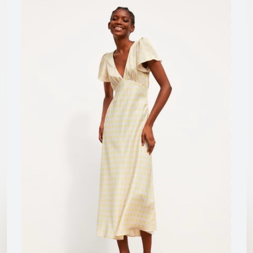 ZARA Polka Dot V-Neck Midi Dress – Neutral & Neon Yellow - Picture 2 of 7